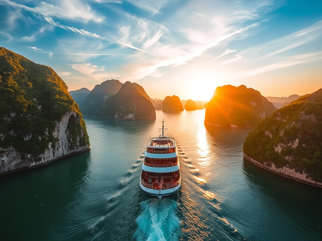 Du thuyền cao cấp di chuyển giữa các hòn đảo đá vôi của vịnh Hạ Long dưới ánh hoàng hôn vàng rực rỡ, tour du thuyền Hạ Long 2026 đẹp như tranh vẽ