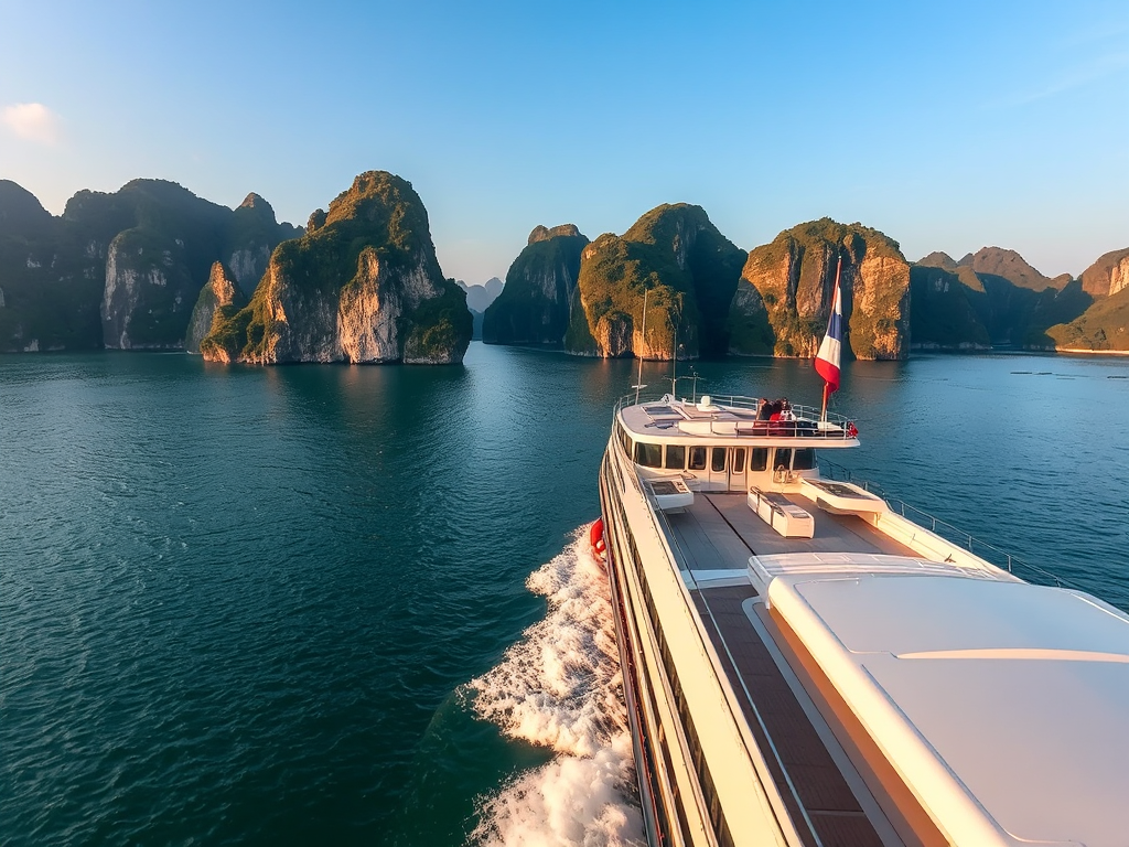 Du thuyền cao cấp lướt trên vịnh Hạ Long với ánh sáng hoàng hôn, núi đá vôi hùng vĩ tạo nên khung cảnh tuyệt đẹp cho du khách chiêm ngưỡng