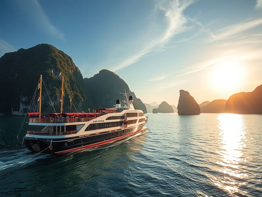 Du thuyền cao cấp lướt trên vịnh Hạ Long với nước biển xanh ngọc, núi đá vôi hùng vĩ và ánh hoàng hôn vàng rực rỡ trên biển cả