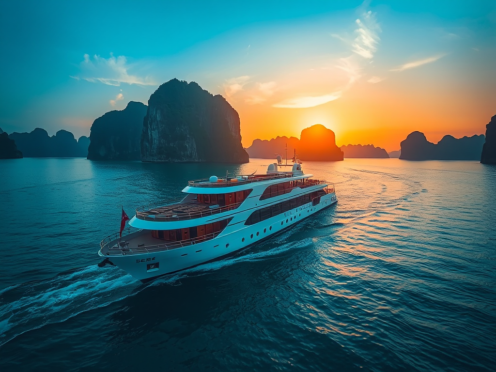 Du thuyền sang trọng di chuyển trên vịnh Hạ Long vào lúc hoàng hôn với những ngọn núi đá vôi hùng vĩ phía sau, ánh sáng ấm áp tạo nên khung cảnh lãng mạn tuyệt đẹp