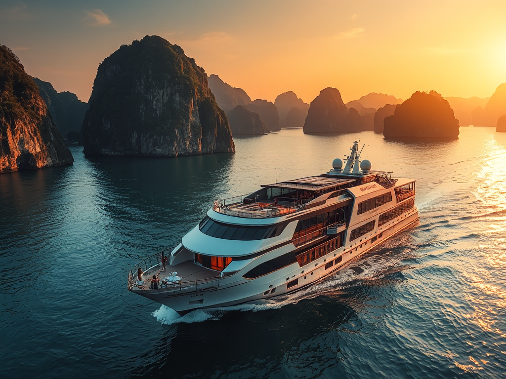 Du thuyền sang trọng di chuyển trên vịnh Hạ Long với những ngọn núi đá vôi hùng vĩ dưới ánh hoàng hôn vàng rực rỡ, tour du thuyền Hạ Long 2026 tuyệt đẹp