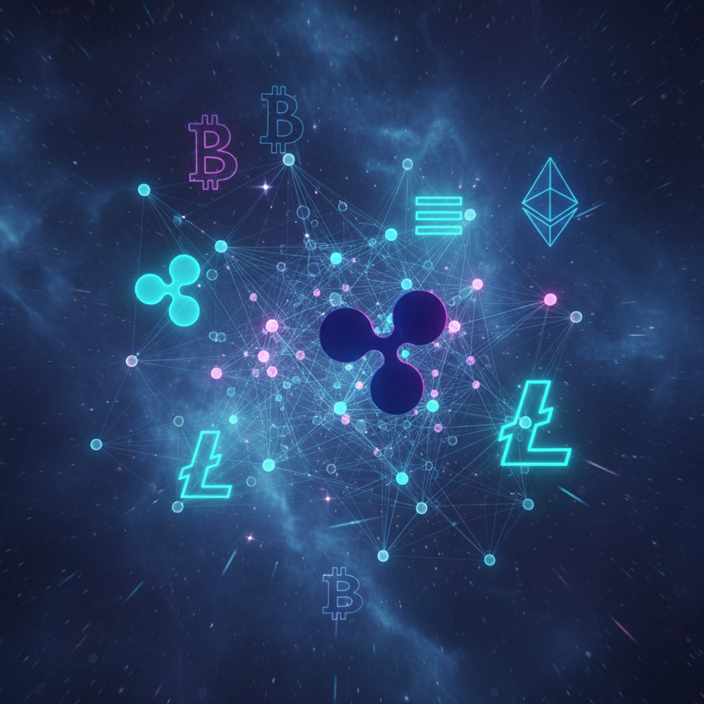 Futuristic digital network visualization showing interconnected cryptocurrency nodes and symbols in space with glowing neon blue and purple lighting, representing 2026 crypto market trends and bloc...