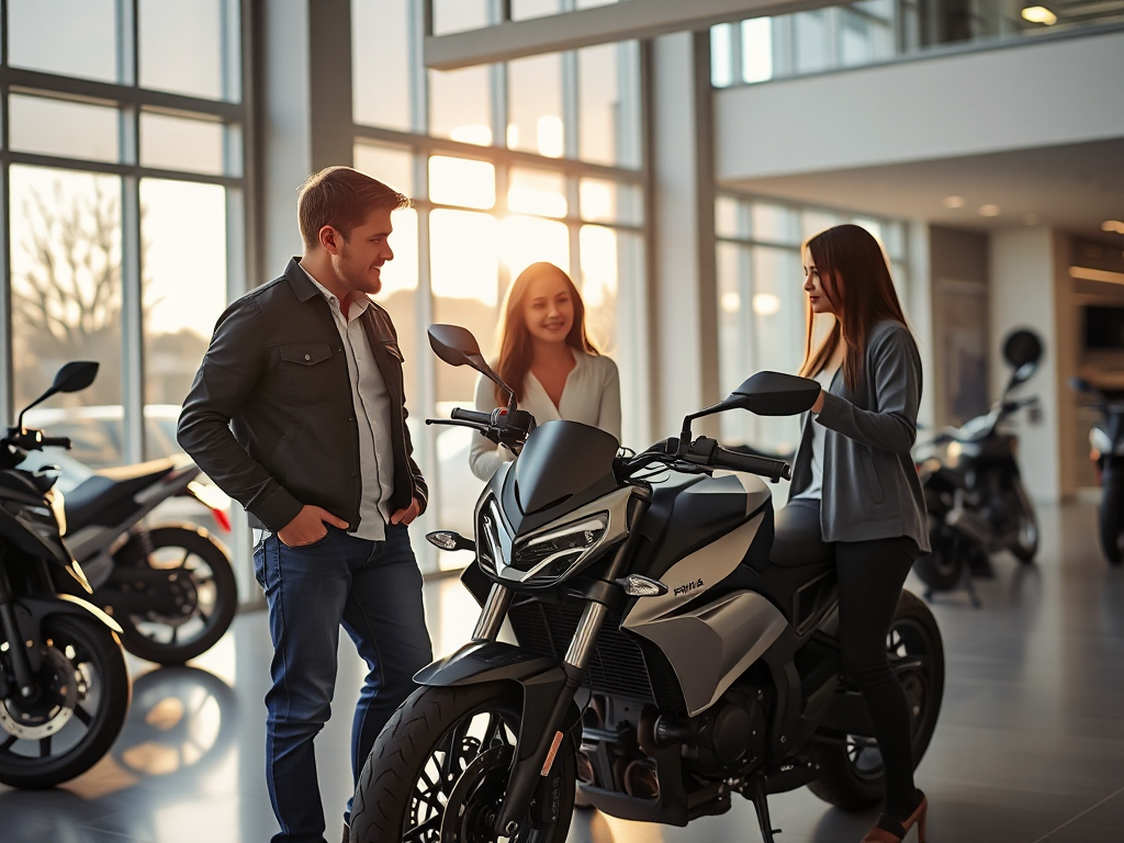 Gia đình hiện đại tham khảo xe máy điện VinFast tại showroom với ánh sáng tự nhiên, không gian bán hàng sang trọng và hiện đại