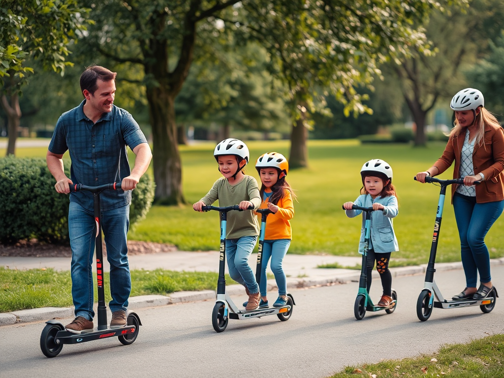 Gia đình sử dụng xe máy điện VinFast an toàn trong công viên, phụ huynh hướng dẫn trẻ em đội mũ bảo hiểm đúng cách, ánh sáng tự nhiên dịu nhẹ