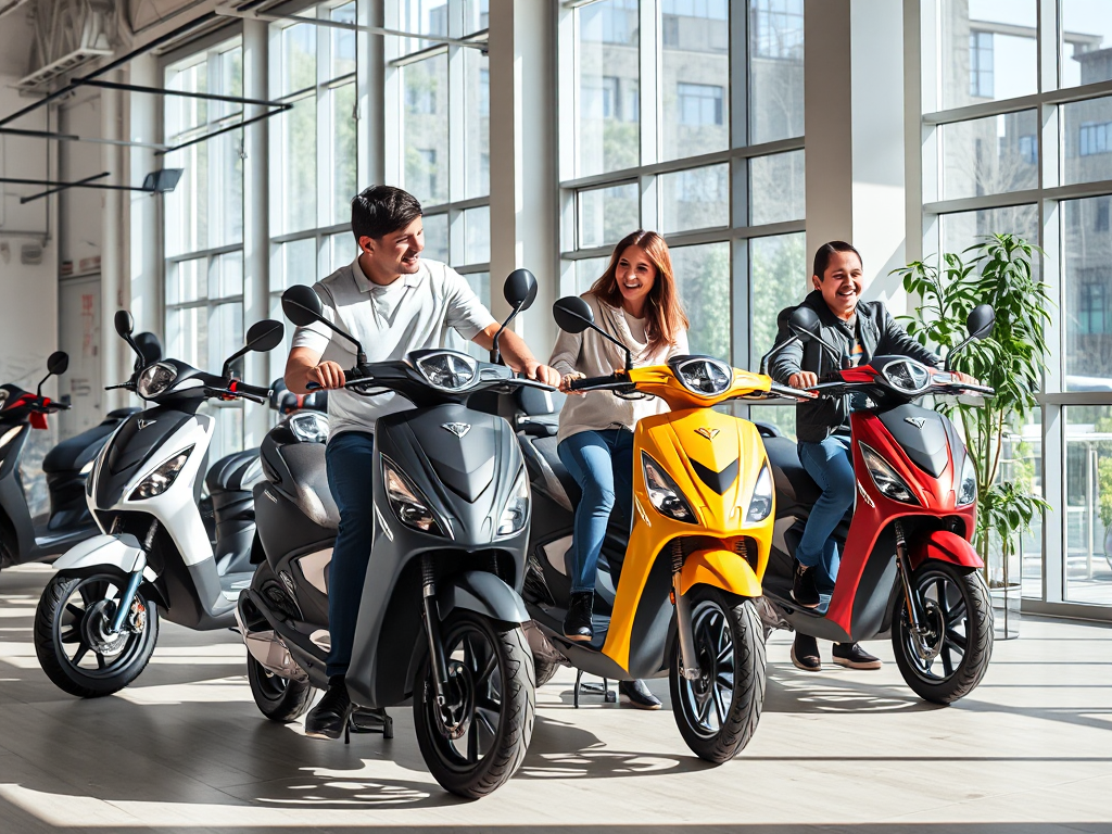 Gia đình trẻ so sánh các mẫu xe máy điện VinFast trong showroom với ánh sáng tự nhiên, hướng dẫn chọn xe phù hợp theo nhu cầu sử dụng