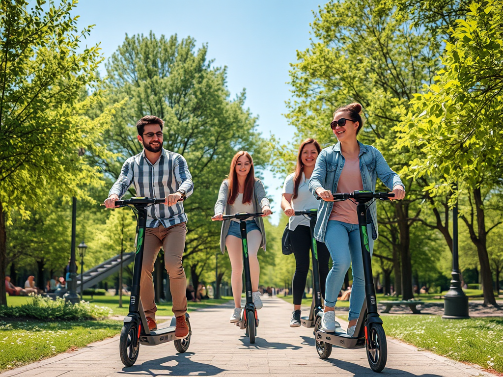 Gia đình vui vẻ cùng nhau sử dụng xe máy điện VinFast trong công viên thành phố, ánh sáng mặt trời rực rỡ, cây xanh tươi tốt và bầu trời trong xanh