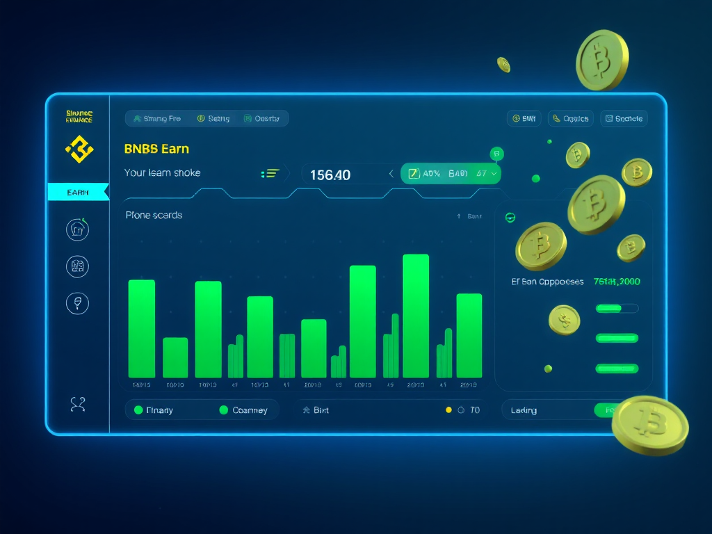 Giao diện Binance Earn hiển thị quy trình stake BNB với thanh tiến trình xanh và đồng xu kỹ thuật số, thiết kế công nghệ hiện đại với ánh sáng xanh dịu