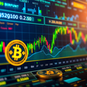 Giao diện giao dịch Binance Coin với biểu đồ phân tích, yếu tố kỹ thuật số phát sáng, nền công nghệ tương lai, tông màu xanh dương và xanh lá cây chuyên nghiệp