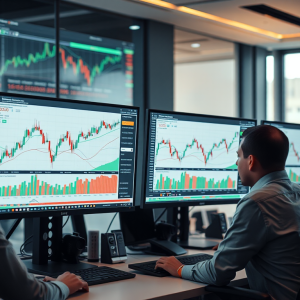 Giao diện giao dịch Bitcoin hiển thị trên nhiều màn hình máy tính, các nhà giao dịch phân tích biểu đồ trong văn phòng hiện đại với ánh sáng dịu nhẹ, chủ đề công nghệ số