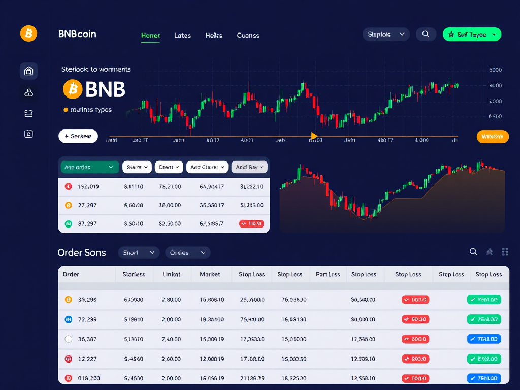 Giao diện giao dịch BNB Coin với biểu đồ giá, sổ lệnh và các loại lệnh thị trường, giới hạn và cắt lỗ trong thiết kế kỹ thuật số hiện đại