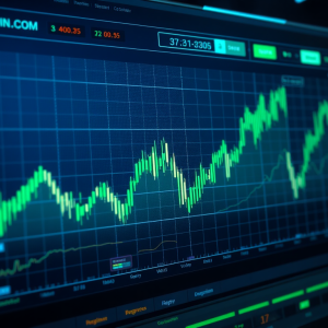 Giao diện giao dịch tiền điện tử kỹ thuật số hiển thị biểu đồ giá Bitcoin với trực quan hóa dữ liệu ánh sáng neon xanh và xanh lá cây, thiết kế bảng điều khiển giao dịch tương lai