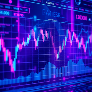 Giao diện giao dịch tiền điện tử kỹ thuật số với biểu đồ Bitcoin, ánh sáng neon xanh và tím, khái niệm công nghệ tương lai, trực quan hóa dữ liệu trừu tượng, thiết kế hiện đại