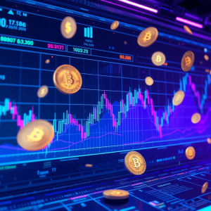 Giao diện giao dịch tiền điện tử tương lai với biểu đồ 3D, đồng tiền kỹ thuật số nổi bật trong không gian neon xanh tím, công nghệ tài chính hiện đại