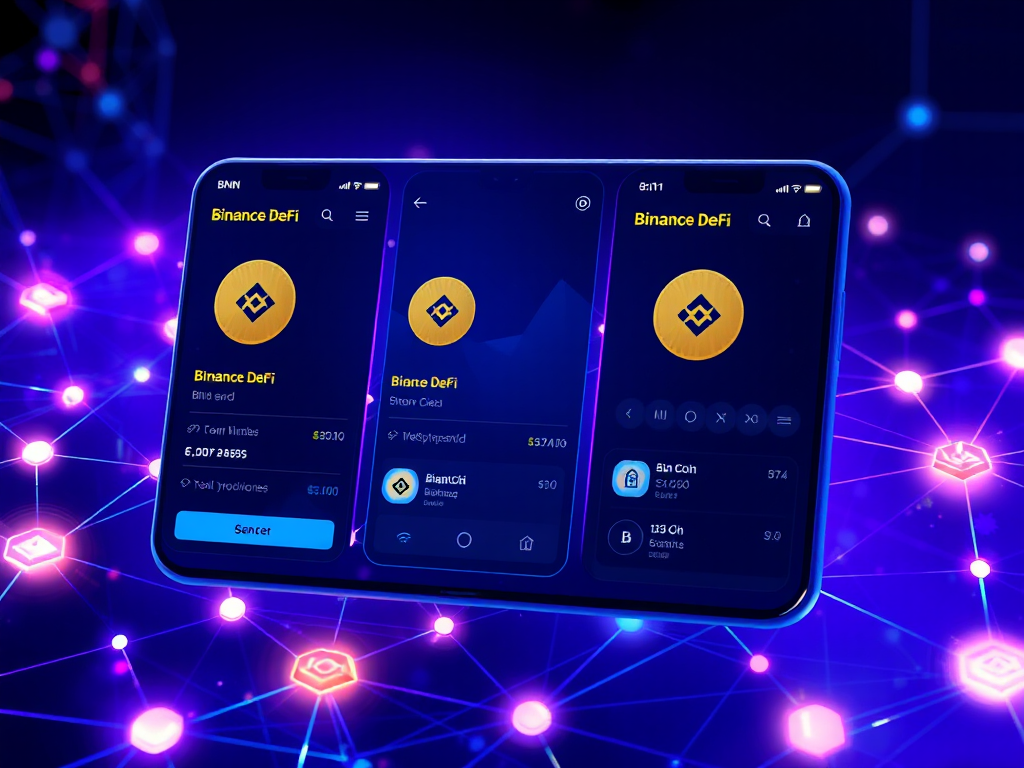 Giao diện kỹ thuật số hiển thị các ứng dụng DeFi của Binance với giao dịch BNB coin, kết nối mạng blockchain phát sáng, thiết kế công nghệ tương lai với tông màu xanh và tím