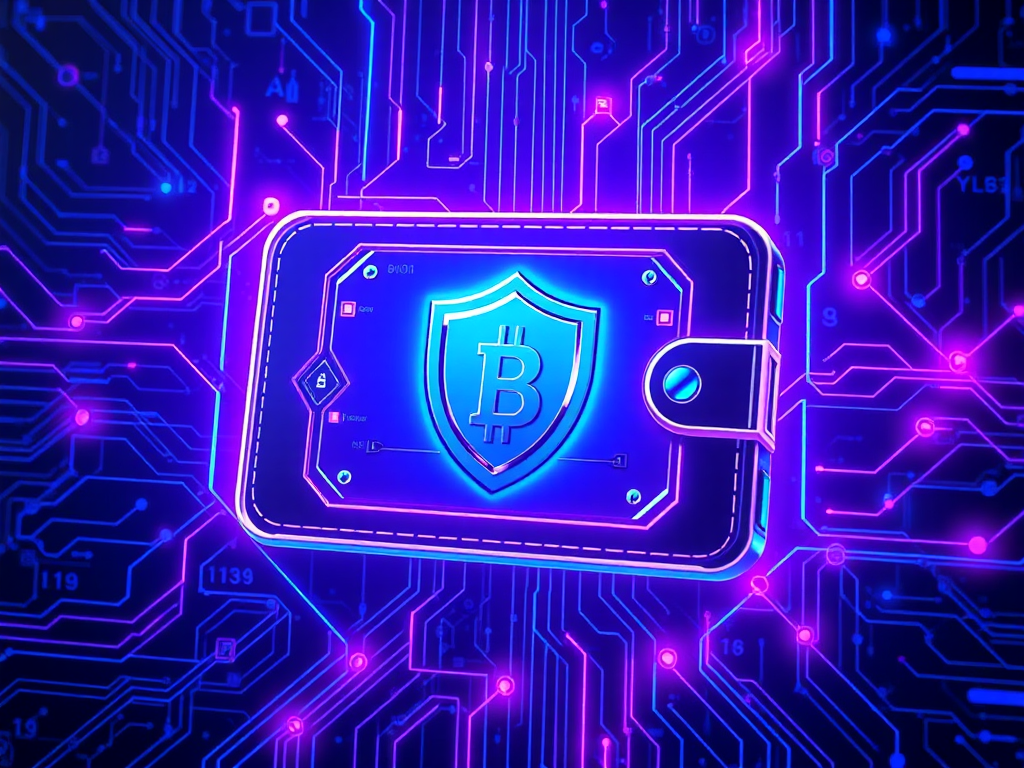 Giao diện ví điện tử an toàn hiển thị đồng BNB, mạng lưới blockchain kết nối, yếu tố công nghệ tương lai, ánh sáng neon xanh tím, phong cách cyberpunk hiện đại