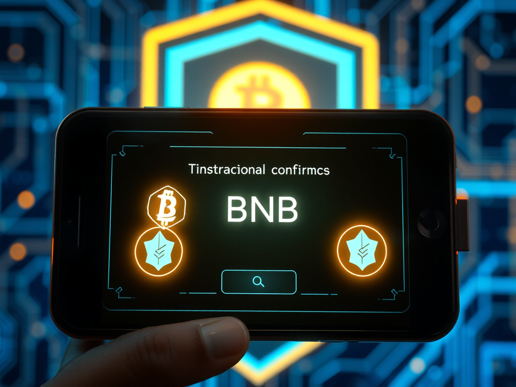 Giao diện ví điện tử an toàn hiển thị xác nhận chuyển BNB từ sàn Binance về ví cá nhân, biểu tượng tiền điện tử sáng, nền công nghệ hiện đại