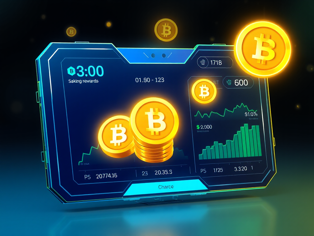Giao diện ví điện tử hiển thị staking BNB Coin với biểu đồ lãi suất và đồng xu sáng, thiết kế công nghệ tương lai, tông màu xanh dương và xanh lá cây