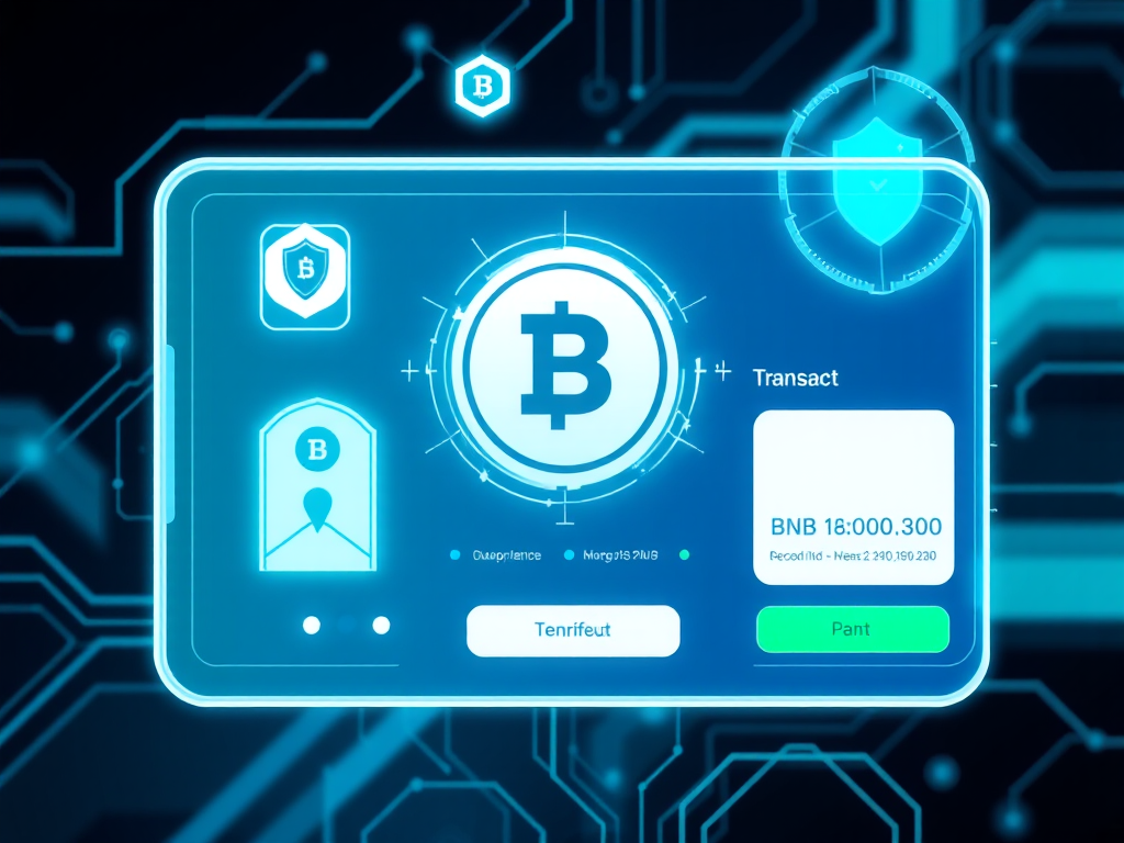 Giao diện ví tiền điện tử an toàn hiển thị token BNB, biểu tượng bảo mật kỹ thuật số và màn hình xác nhận giao dịch với tông màu xanh dương và xanh lá cây hiện đại
