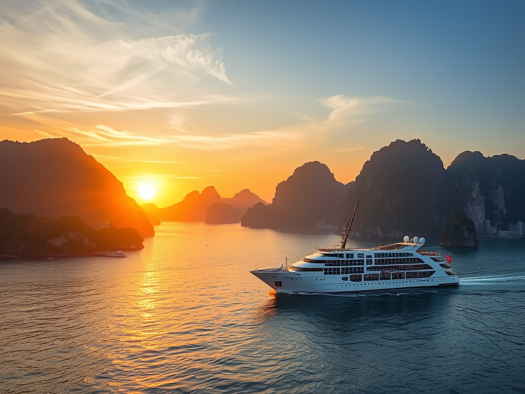 Hai du thuyền cao cấp lướt trên vịnh Hạ Long trong ánh hoàng hôn, núi đá vôi hùng vĩ phía xa, mặt nước lấp lánh ánh vàng tạo khung cảnh tuyệt đẹp