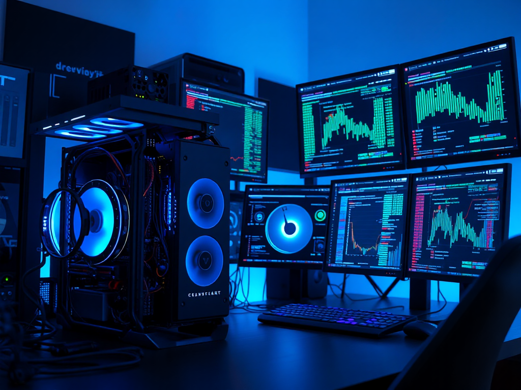 Hệ thống đào tiền điện tử với CPU và nhiều màn hình hiển thị dữ liệu blockchain trong không gian làm việc kỹ thuật