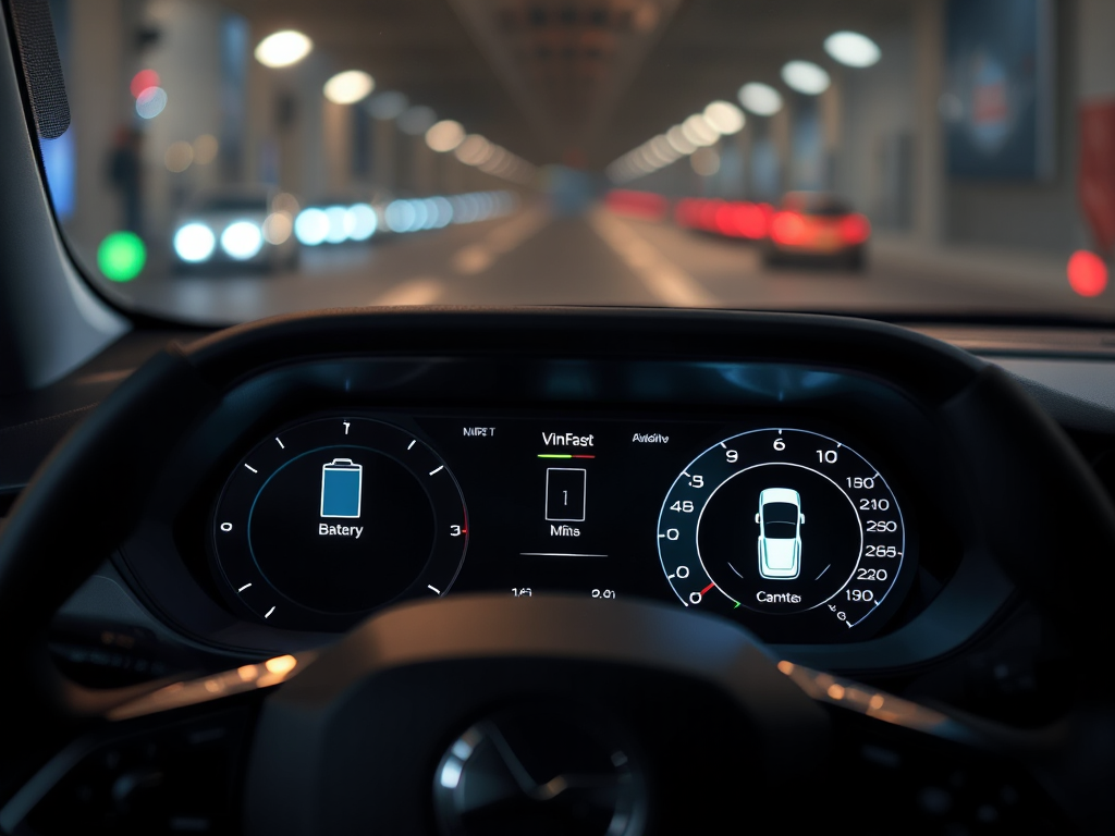 Hình ảnh bảng điều khiển xe điện VinFast hiện đại với màn hình hiển thị mức pin và chế độ lái, ánh sáng nội thất dịu nhẹ, phong cách nhiếp ảnh ô tô hiện đại