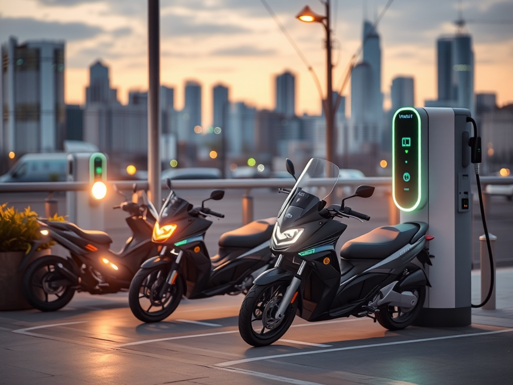 Hình ảnh các mẫu xe máy điện VinFast đang sạc tại trạm sạc hiện đại trong thành phố, với khung cảnh đô thị và ánh sáng dịu nhẹ buổi tối.