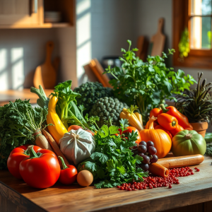 Hình ảnh các nguyên liệu nấu ăn tươi ngon được bày biện trên mặt bếp gỗ, bao gồm rau củ quả nhiều màu sắc và các loại gia vị tươi mới dưới ánh sáng tự nhiên