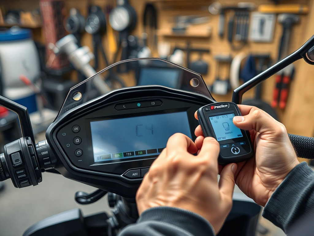 Hình ảnh chi tiết bảng điều khiển xe máy điện VinFast bị treo màn hình, kỹ thuật viên đang sử dụng thiết bị chẩn đoán trong xưởng sửa chữa, tập trung vào các chi tiết kỹ thuật của hệ thống điều khiển