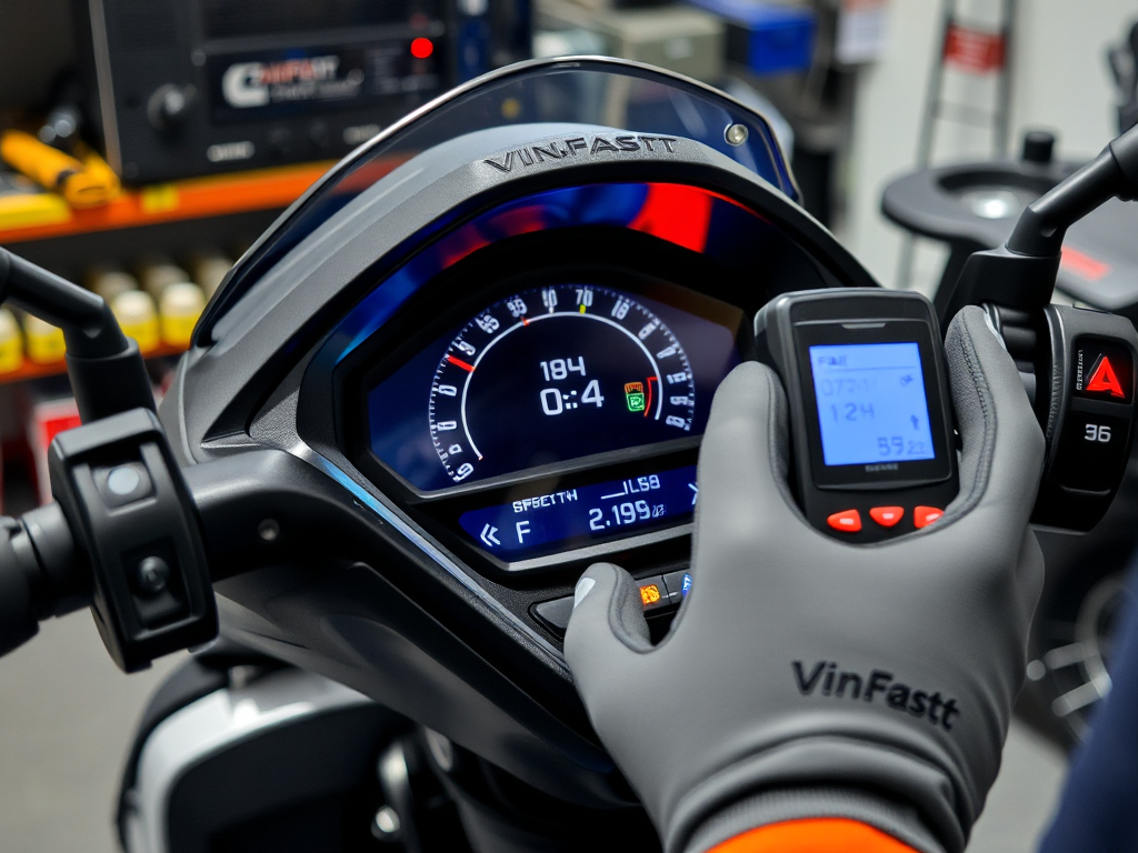 Hình ảnh chi tiết đồng hồ xe máy điện VinFast với đèn cảnh báo sáng, kỹ thuật viên đeo găng tay an toàn đang kiểm tra bằng thiết bị chẩn đoán trong xưởng sửa chữa chuyên nghiệp