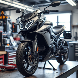 Hình ảnh chiếc xe máy điện VinFast được trưng bày trên bàn làm việc với các dụng cụ sửa chữa, ánh sáng studio rõ nét, chụp cận cảnh chi tiết kỹ thuật