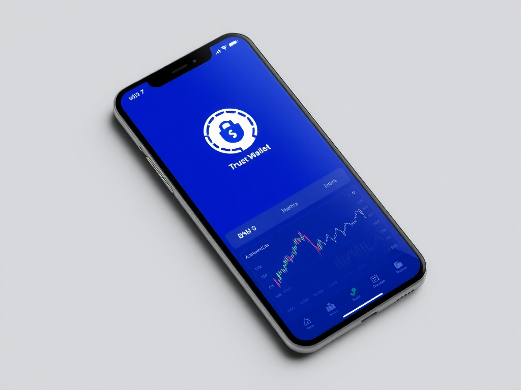 Hình ảnh điện thoại thông minh hiển thị ứng dụng Trust Wallet với biểu tượng BNB coin, khóa bảo mật và biểu đồ giao dịch tiền điện tử trên nền thiết kế hiện đại màu xanh trắng