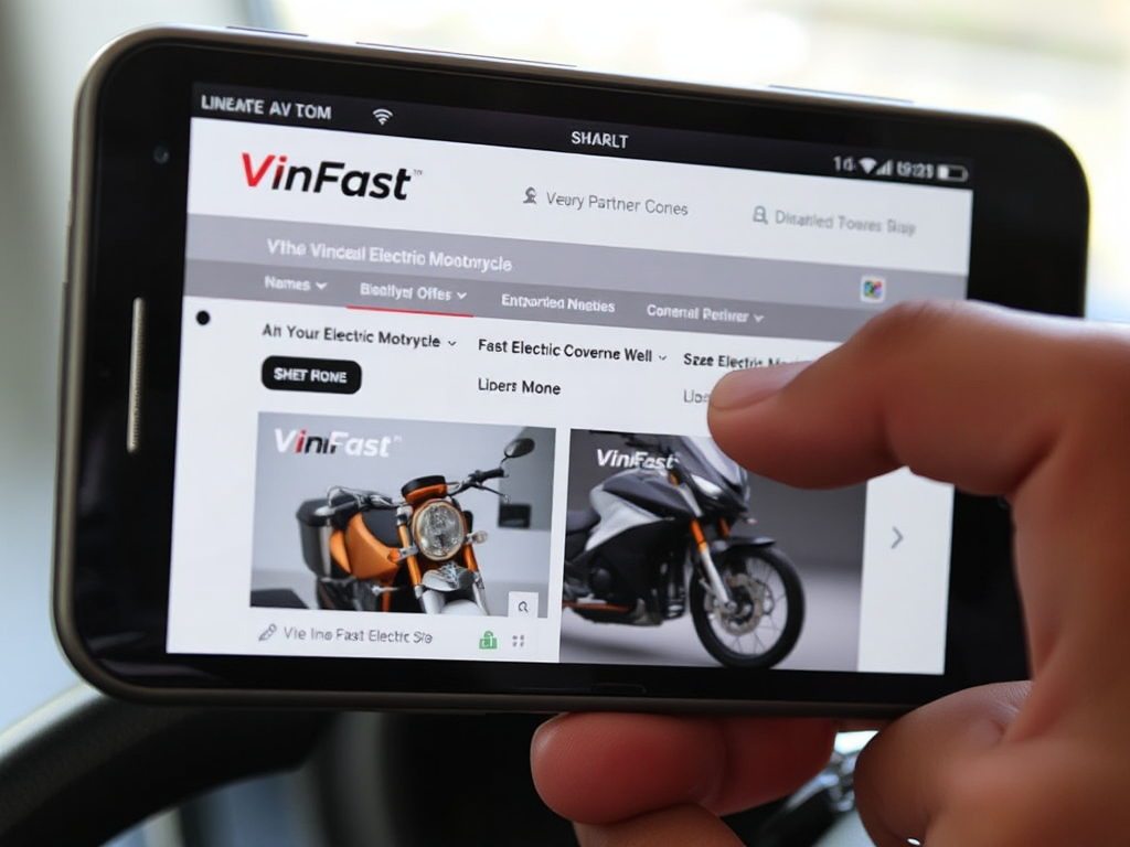 Hình ảnh điện thoại thông minh hiển thị website xe máy điện VinFast với các banner khuyến mãi mới nhất, tay người đang cuộn màn hình tìm thông tin giá bán