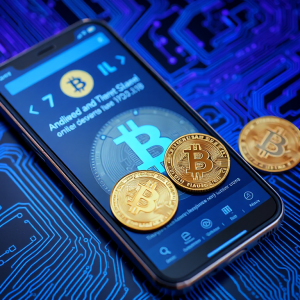 Hình ảnh đồng Bitcoin và giao diện ví điện tử trên điện thoại thông minh, nền công nghệ hiện đại với họa tiết mạch điện, ánh sáng neon xanh tím, khái niệm tài chính số