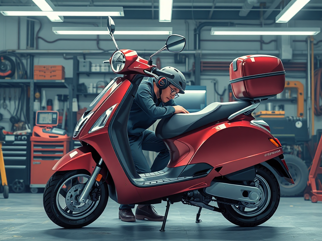 Hình ảnh kỹ thuật viên kiểm tra hệ thống điện trên xe máy điện VinFast, tập trung vào kết nối pin và dây dẫn trong xưởng sửa chữa chuyên nghiệp