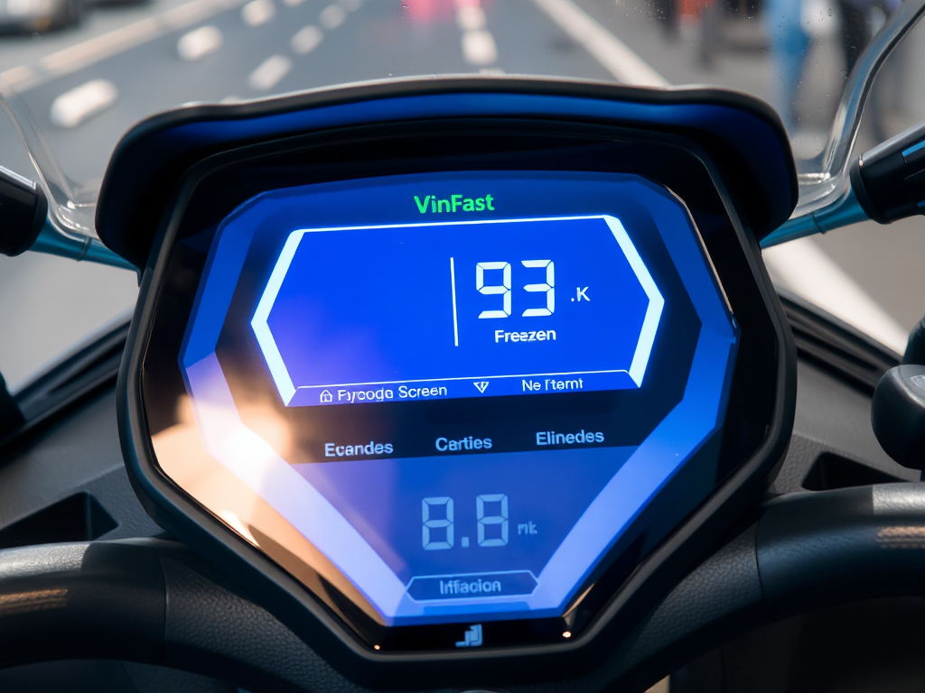 Hình ảnh màn hình xe máy điện VinFast bị treo với các biểu tượng lỗi hiển thị, giao diện số bị giật, bảng điều khiển hiện đại trong khoang xe