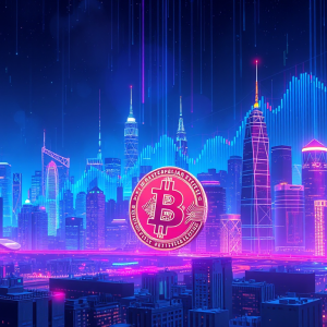 Hình ảnh minh họa Bitcoin với phong cách cyberpunk, đồ họa giá cả tương lai và dữ liệu tài chính trên nền thành phố hiện đại, biểu tượng cho phân tích crypto Bitcoin
