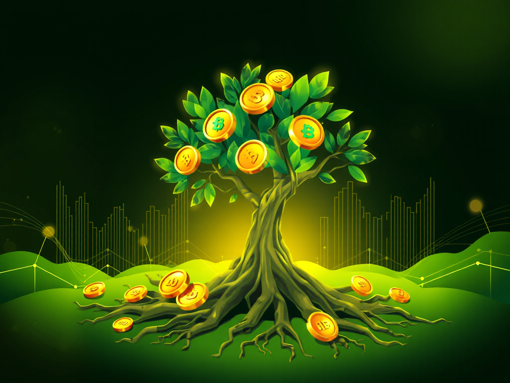 Hình ảnh minh họa cây tiền ảo BNB đang phát triển với rễ kết nối đến nền tảng Binance, tượng trưng cho việc stake BNB Coin để nhận lãi suất hấp dẫn