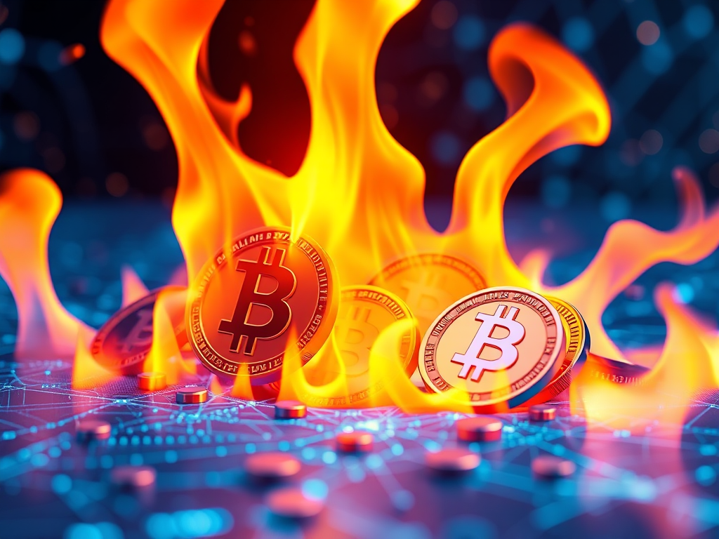 Hình ảnh minh họa cơ chế đốt token BNB với đồng tiền ảo bị thiêu rụi bởi ngọn lửa, nền công nghệ tương lai, tông màu xanh dương và cam nổi bật