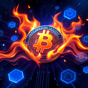 Hình ảnh minh họa đồng BNB Coin với hiệu ứng lửa đốt token và biểu đồ tokenomics, thiết kế cyber tương lai với ánh sáng xanh cam trên nền tối