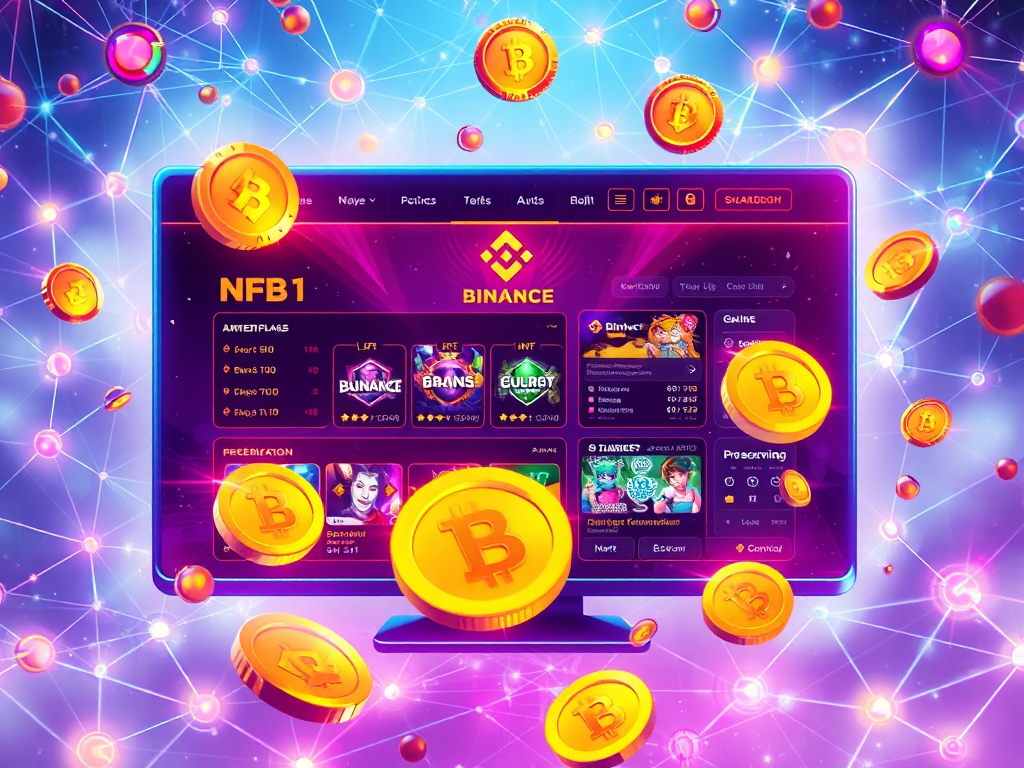 Hình ảnh minh họa hệ sinh thái Binance với NFT marketplace và GameFi, đồng BNB coin bay lơ lửng trong không gian số với ánh sáng neon tương lai