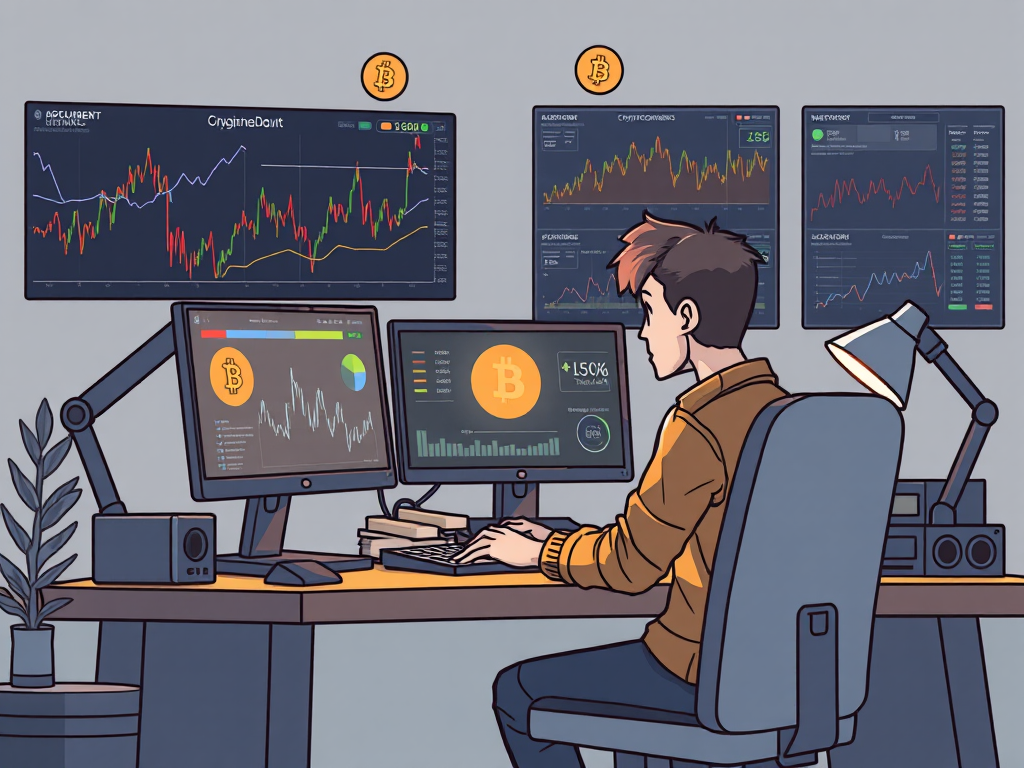 Hình ảnh người mới bắt đầu đào BNB Coin đang ngồi làm việc với máy tính, xung quanh có biểu đồ tiền điện tử và phần mềm đào, ánh sáng đèn bàn dịu nhẹ, phong cách minh họa giáo dục