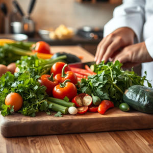 Hình ảnh nguyên liệu tươi ngon trên thớt gỗ, bàn tay đầu bếp đang thái rau củ, ánh sáng ấm áp trong căn bếp, tạo cảm giác thân thiện và gần gũi với việc nấu nướng