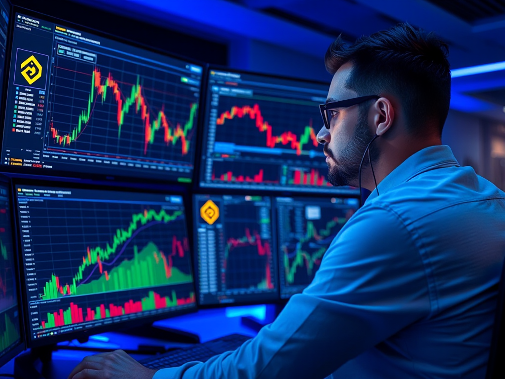 Hình ảnh nhà giao dịch đang phân tích biểu đồ giá Binance Coin trên nhiều màn hình máy tính, giao diện giao dịch rõ ràng, thiết lập chuyên nghiệp với các chỉ báo kỹ thuật và ánh sáng xanh hiện đại
