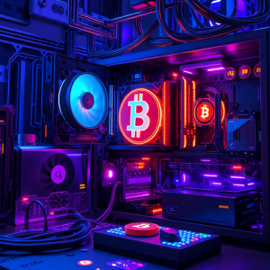 Hình ảnh thiết lập đào tiền điện tử với phần cứng máy tính, các yếu tố kỹ thuật số phát sáng, khái niệm công nghệ tương lai với ánh sáng neon xanh và tím, phong cách nghệ thuật kỹ thuật số