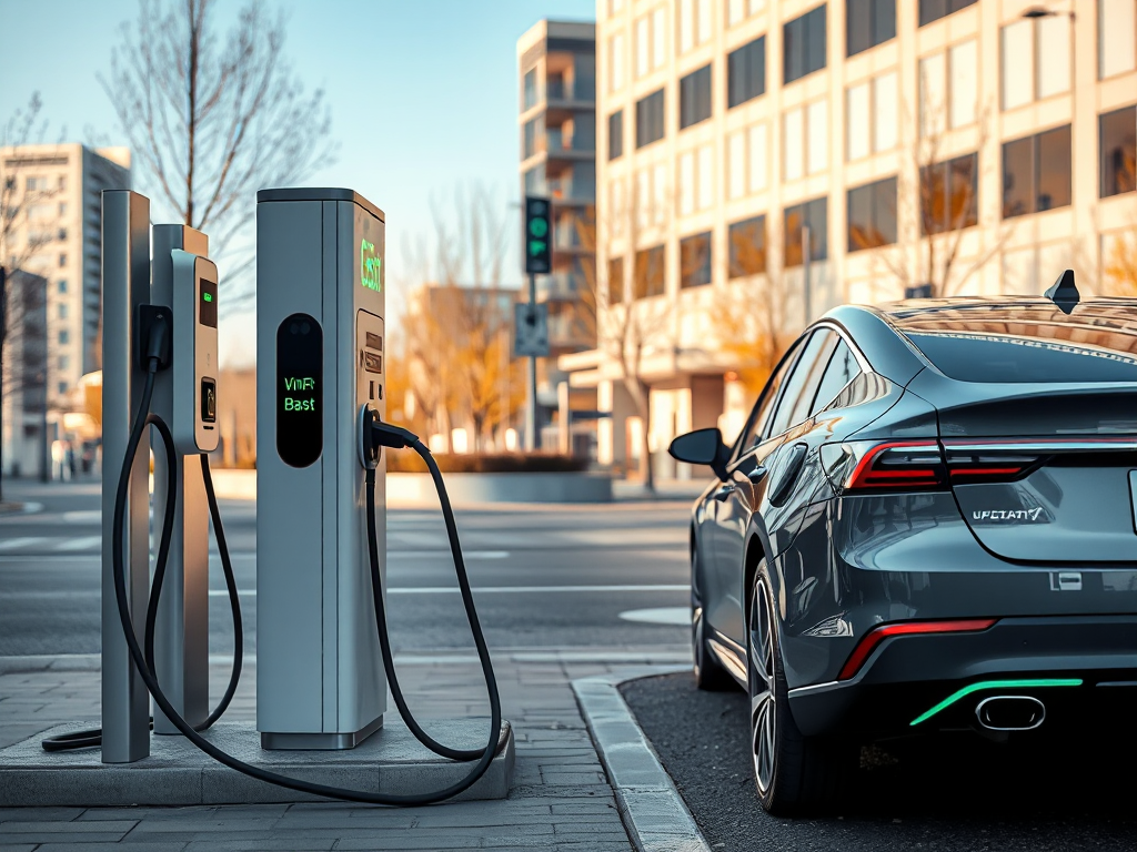 Hình ảnh trạm sạc xe điện VinFast với xe đang cắm sạc, minh họa quy trình sạc pin trong hướng dẫn sử dụng xe điện VinFast