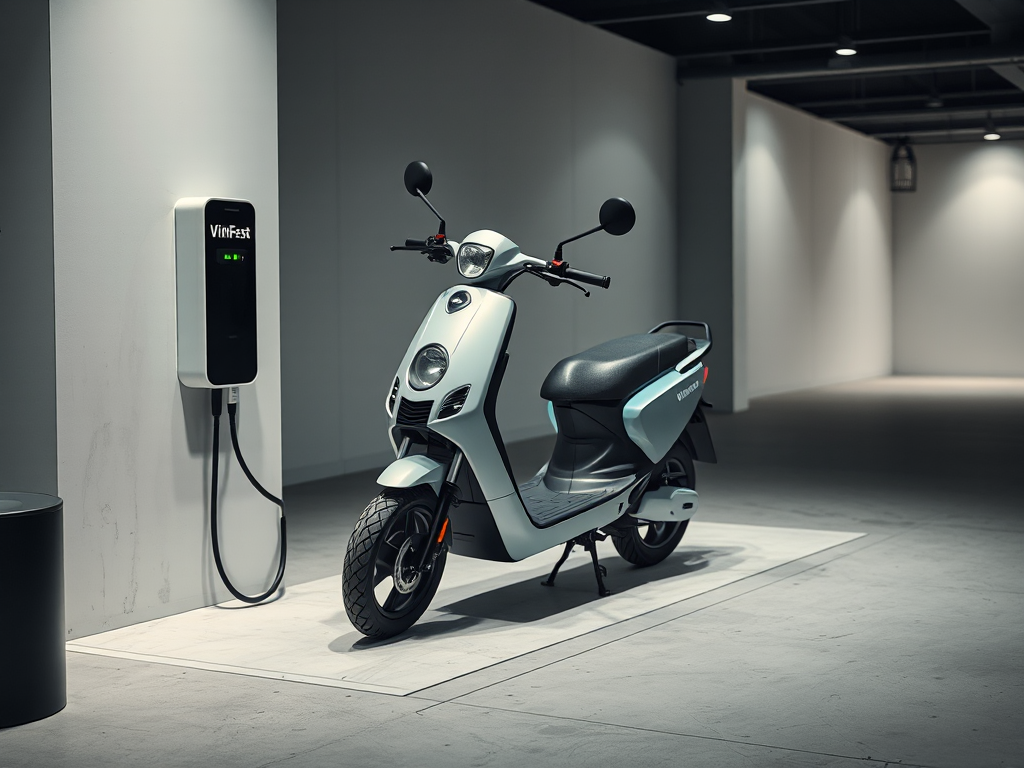 Hình ảnh trạm sạc xe máy điện VinFast với xe đang cắm sạc, thiết kế hiện đại tối giản, ánh sáng dịu nhẹ, phong cách nhiếp ảnh thực tế