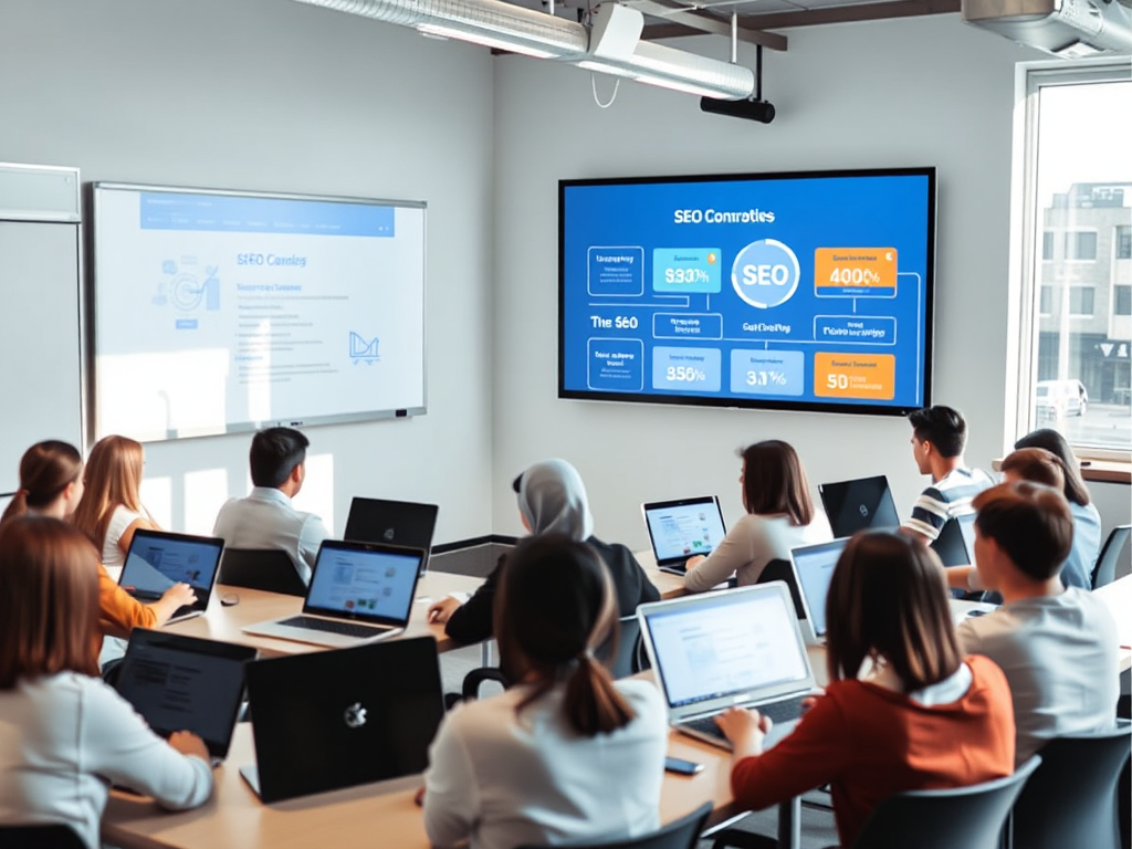 Học sinh học SEO online miễn phí trong lớp học kỹ thuật số hiện đại với bảng tương tác và máy tính xách tay, ánh sáng tự nhiên chiếu vào