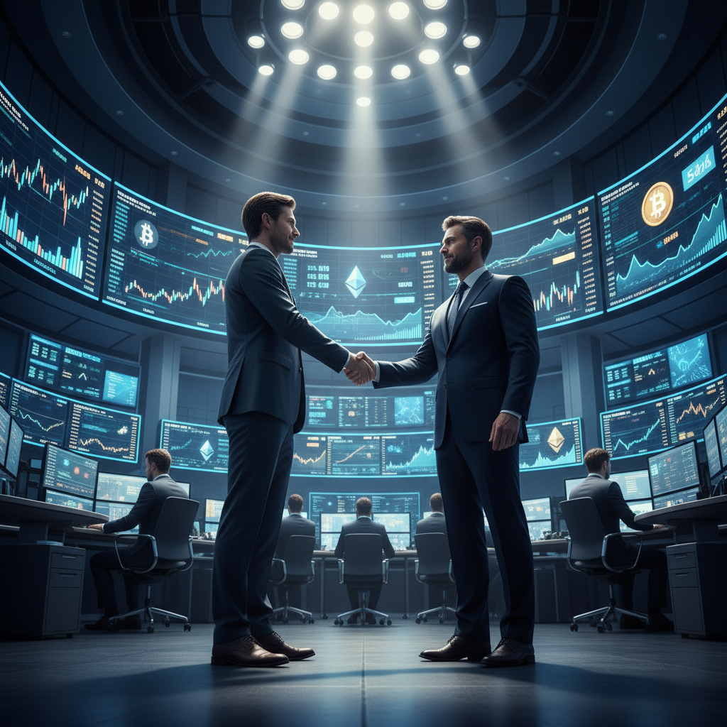 Institutional investors shaking hands on trading floor with cryptocurrency displays, representing institutional adoption in cryptocurrency market trends 2026