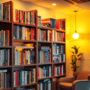 Kệ sách đầy màu sắc với những cuốn sách bán chạy nhất hiện nay, ánh sáng ấm áp, không gian góc đọc sách ấm cúng trong thiết kế nội thất hiện đại