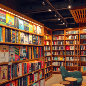 Kệ sách đầy màu sắc với những cuốn sách bán chạy nhất Việt Nam, ánh sáng ấm áp trong không gian hiệu sách hiện đại với kệ gỗ và góc đọc sách thoải mái